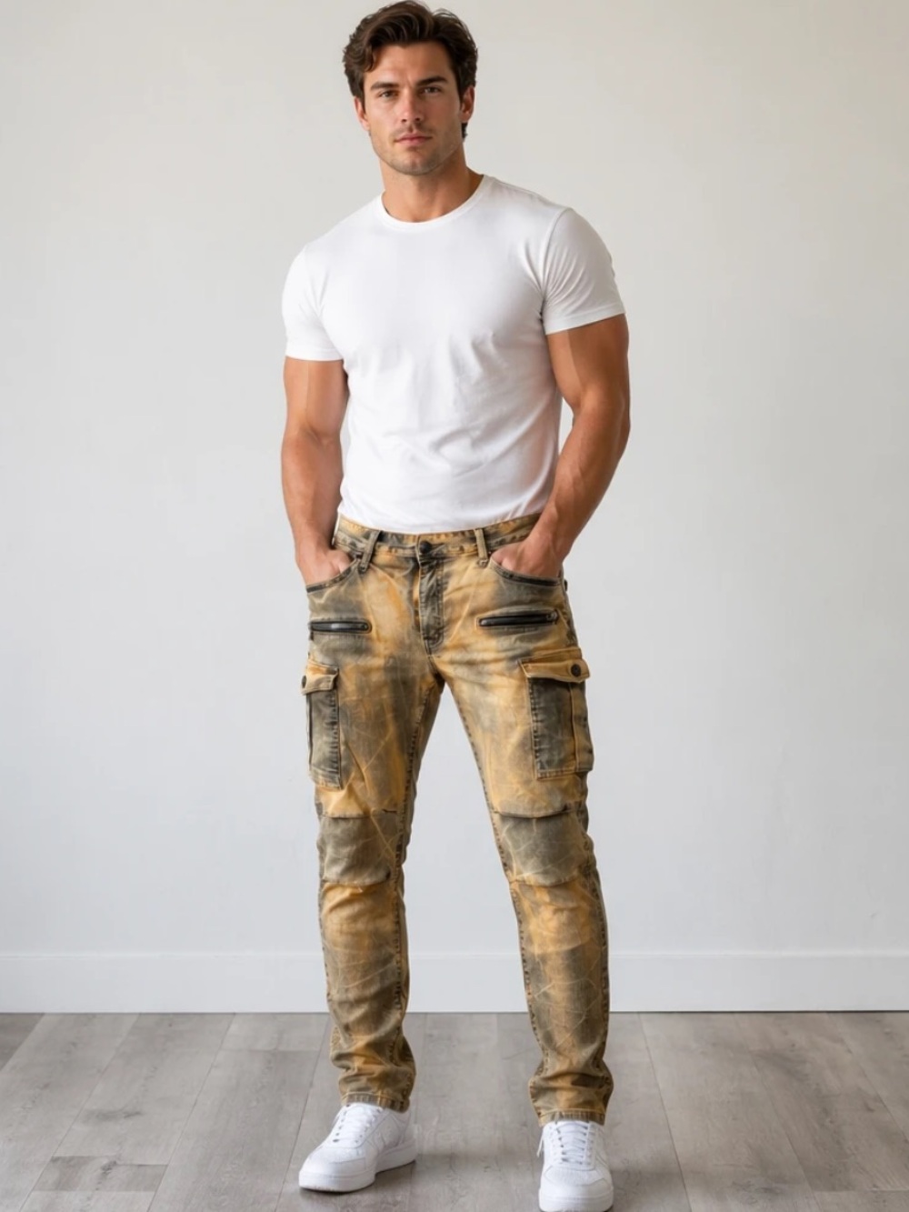 Men's Distressed Cargo Jeans in Mustard Yellow